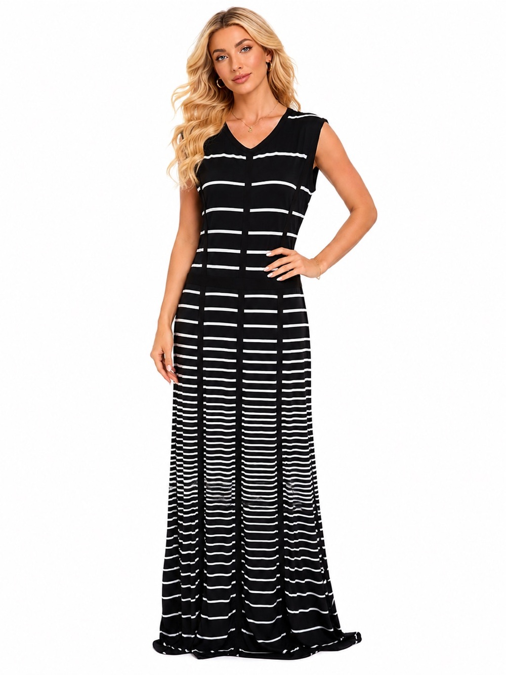 Taylor Black White Striped Maxi Dress Sleeveless Stretch Casual Size 10